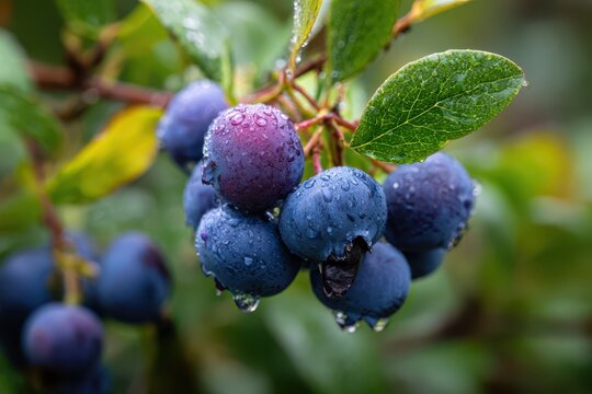 Close-up of ripe blue berries on a leafy bush bathed in warm sun