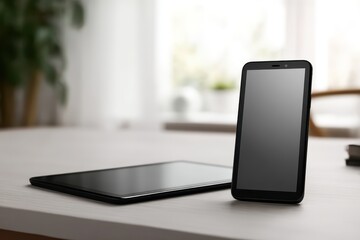 Close-up of two black handheld devices showing empty displays in a modern workspace