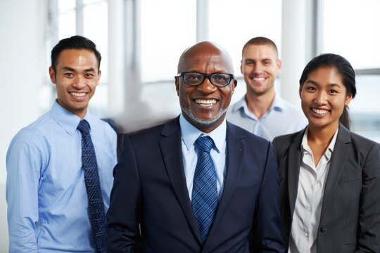 Professional diverse business team smiling in office