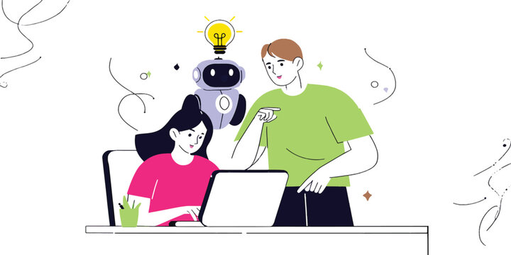 Teamwork and Innovation People Collaborating with AI Technology