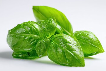 Fototapeta premium Close-up of vibrant fresh basil leaves on a pristine white background