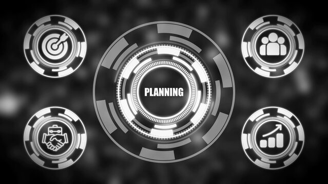 Monochromatic Business Planning Strategy Icons with Central HUD Display and Blurred Background image