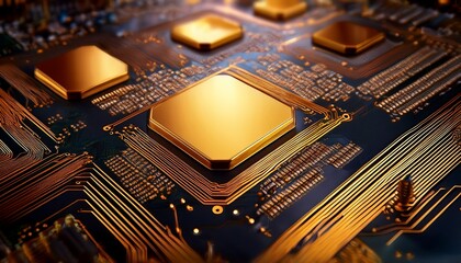 close up view of golden computer chips on a dark circuit board