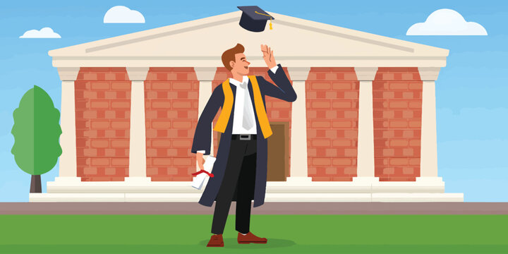 Student celebrating graduation by tossing cap in front of university building