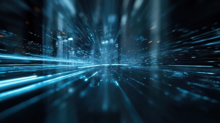 Close-up perspective on a high-speed technology dashboard with streaking light interface