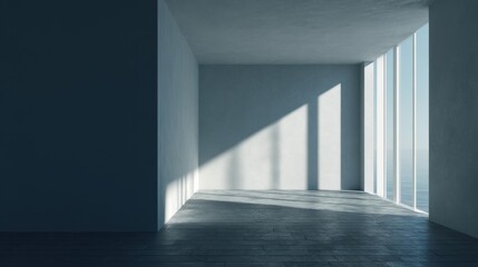 Obraz premium Spacious and Minimalist Interior Room with Large Windows Casting Shadows on the Floor, Ideal for Modern Architecture and Design Concepts