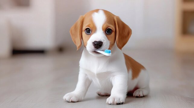 A playful puppy holds a toothbrush in its mouth, perfect for promoting dental health and pet care in a pet shop or clinic setting