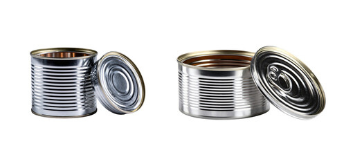Two opened silver metal cans with lids studio shot on transparent background