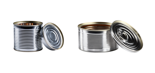 Two opened silver metal cans with lids studio shot on transparent background