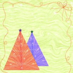 Two triangular Christmas tree on a light green background with a decorative gold ribbon border. 