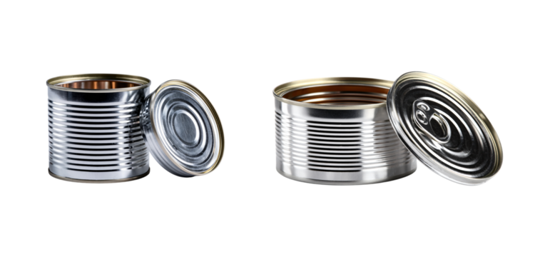Two opened silver metal cans with lids studio shot on transparent background