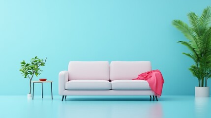 A surreal blend of comfort and nature with a floating sofa in a flooded living room, vibrant plants, and playful light blue surroundings