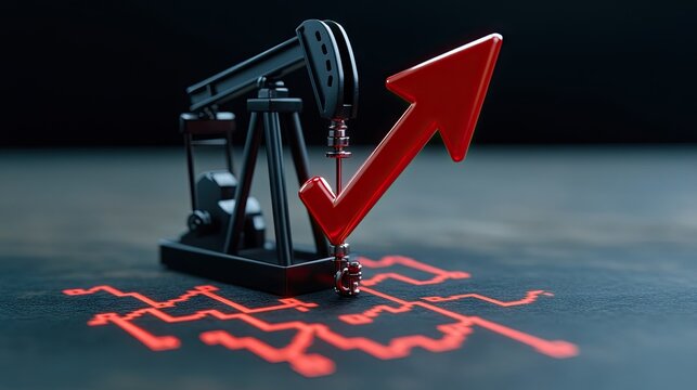The rise of financial trends illustrated by a red arrow and an oil pump against a backdrop of stock market graphs