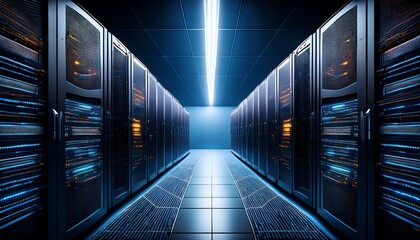 dark server room filled with rows of computer servers illuminated by glowing lights