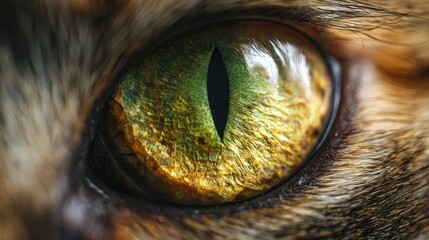 Close-up portrait of a cat eye: vivid green and amber iris with reflective highlights