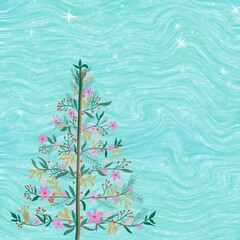 Whimsical and stylized Christmas tree with pink flowers and green leaves on a teal color and wavy texture background.