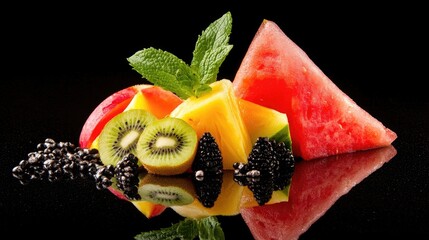 A vibrant summer fruit platter featuring watermelon, pineapple, papaya, and kiwi adorned with fresh mint on a glossy black surface