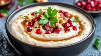 Indulge in a bowl of creamy Greek yogurt with figs, honey, walnuts, and pomegranate seeds artfully arranged for a delightful morning treat