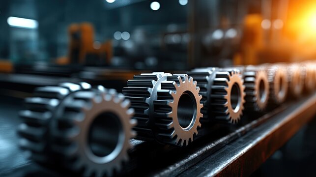 A stunning gear-themed arcade machine made of steel showcases craftsmanship in a factory workshop setting, illuminated by warm light