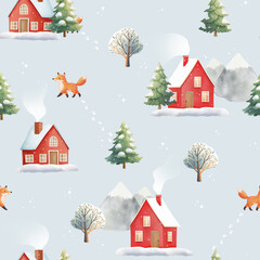 Cute winter seamless pattern with snow, houses and fox. Print design for textile, fabric, clothes and wrapping paper. 