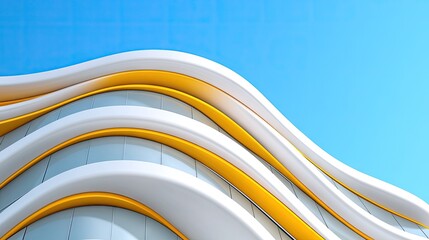 Modern architectural marvel with curved glass and yellow accents against a bright blue sky in the heart of the city center