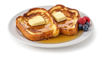 Indulge in golden French toast with rich maple syrup and fresh berries for a delightful breakfast experience