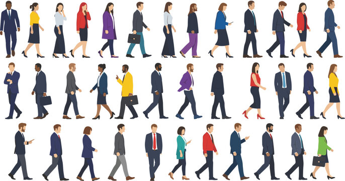 Large set of walking business people, diverse men and women commuters side view, cad drawing flat vector illustration collection