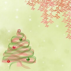 Digital illustration or graphic design&nbsp;of a Christmas theme.&nbsp;A Christmas tree made of swirling green and pink ribbons on a light textured green background with white star and snowfake.