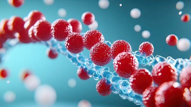 A vibrant 3D rendering of DNA featuring blue water and red chemical molecules against a flowing abstract background - Powered by Adobe