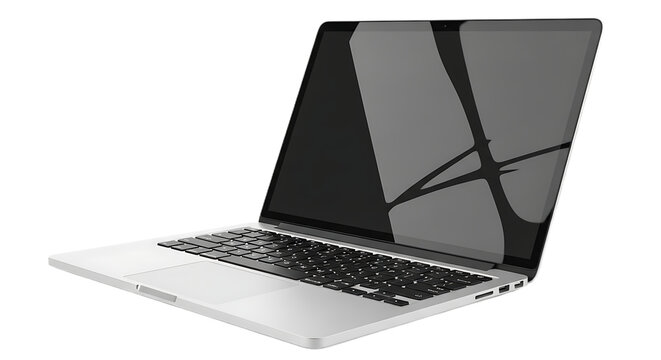 A sleek silver laptop with a dark screen and black keyboard on a black background in a studio shot