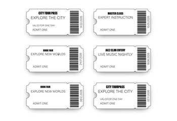 Collection of ready-made black and white ticket templates for various events with text, date, and barcode. Eps 10