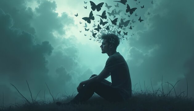Young man sits in nature butterflies fly from head. Conceptual art about freedom from addiction transformation mental health. Teenager meditates dreams, looks up. Overcoming challenges growth, new