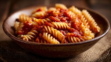 A fusilli in roasted tomato sauce, burlap surface, handcrafted ceramic dish