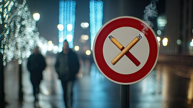 A no smoking sign stands tall while pedestrians stroll through a blurred urban landscape adorned with twinkling lights - Powered by Adobe