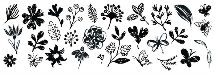 Hand drawn abstract floral doodles vector set. Vector simple flower, leaf ink stroke. Vector illustration