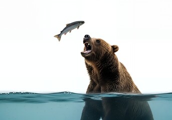 Majestic grizzly bear hunting salmon in wild river, a powerful display of nature's raw beauty perfect for wildlife documentaries and conservation campaigns