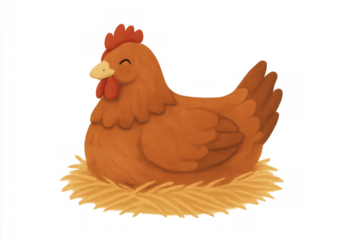 Cartoon hen sitting on a nest, happy farm animal illustration, a cute poultry character with transparent background