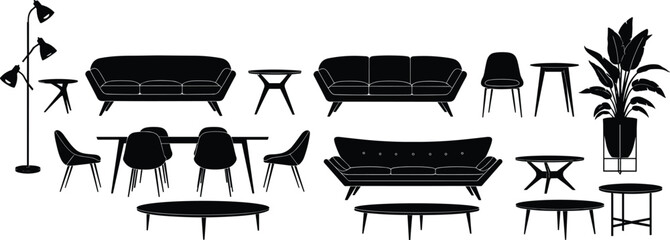 Set of modern living room furniture silhouettes, black sofa chair and table icons, cad drawing flat vector illustration