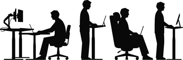 Set of office worker silhouettes sitting and standing at desks with computers, ergonomic workspace concept, cad drawing flat vector illustration