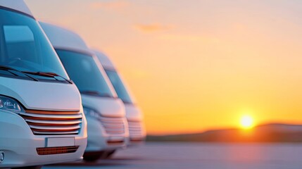 A white tour bus lineup basking in the warm glow of sunset, perfect for travel and adventure enthusiasts seeking vacation inspiration