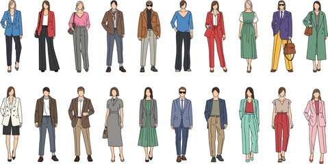 Set of trendy fashion illustrations men and women in stylish outfits, cad drawing flat vector illustration, collection isolated on white