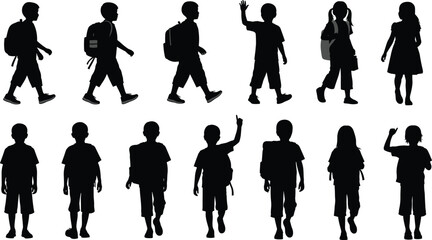 Set of school children silhouettes walking with backpacks, boys and girls going to school, cad drawing flat vector illustration collection