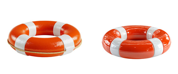 Two orange life preservers with white stripes on a black studio background on transparent background