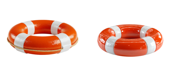 Two orange life preservers with white stripes on a black studio background on transparent background
