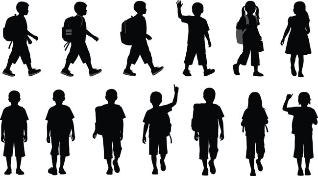 Set of school children silhouettes walking with backpacks, boys and girls going to school, cad drawing flat vector illustration collection - Powered by Adobe