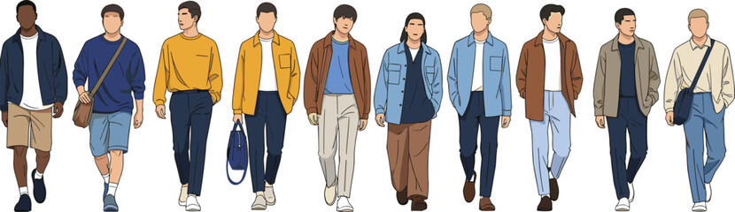 Set of trendy young men walking forward in casual streetwear, diverse male group front view collection, cad drawing flat vector illustration