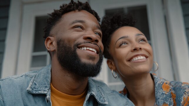 A joyful multiracial couple sits together on their cozy porch, sharing smiles and laughter under the warm sun. They seem to be enjoying each other's company in a peaceful moment