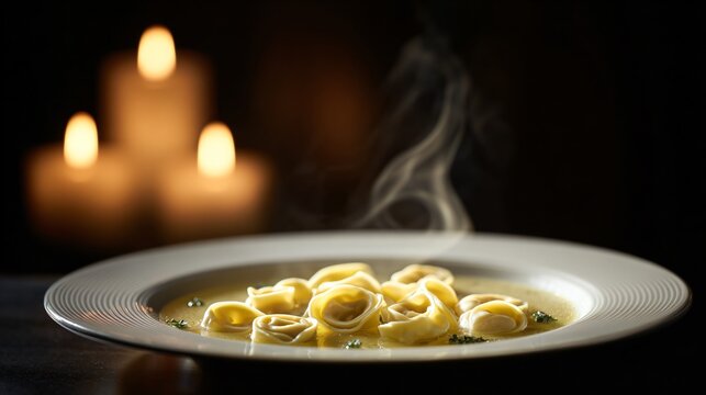 A plate of tortellini in broth, candlelight reflections, subtle steam rising