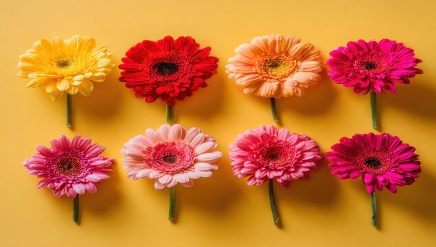 Eight brightly colored gerbera daisies in a row against a yellow background