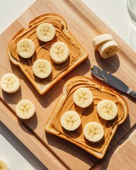 Peanut butter and banana toast slices on a wooden board ready for a healthy meal